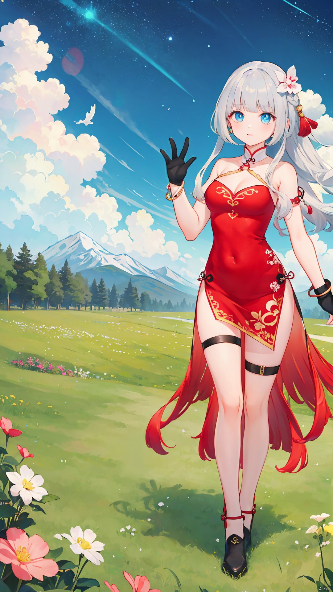 tian_qi_ji, 1girl, solo, long hair, braid, grey hair, medium breasts, bangs, blue eyes, gloves, dress, ribbon, cleavage, bare shoulders, jewelry, black footwear, bracelet, bare legs, covered navel, thigh strap, chinese clothes, red dress,

days, cloudy, stars, in a meadow, the top of the hill,