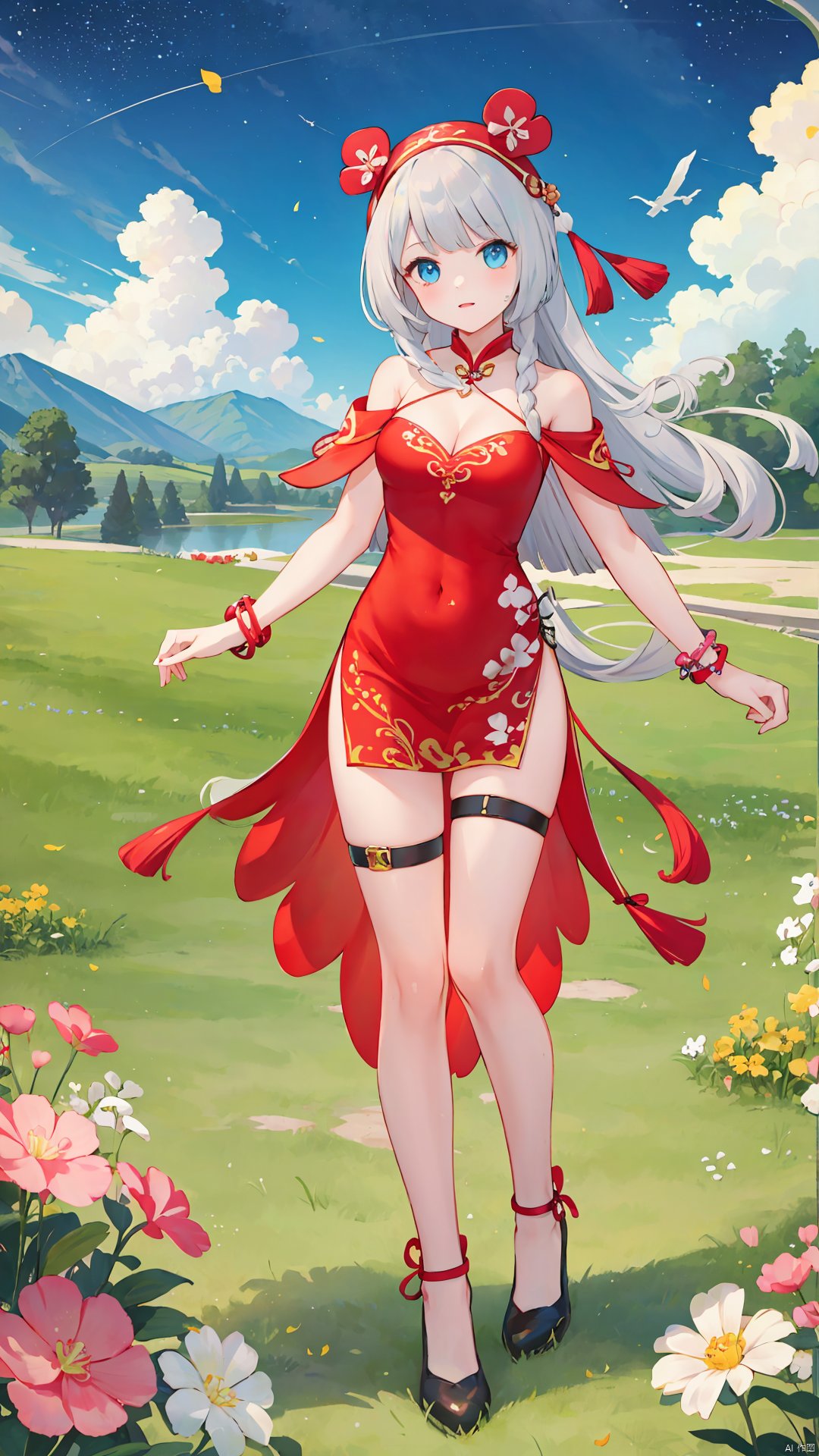 tian_qi_ji, 1girl, solo, long hair, braid, grey hair, medium breasts, bangs, blue eyes, gloves, dress, ribbon, cleavage, bare shoulders, jewelry, black footwear, bracelet, bare legs, covered navel, thigh strap, chinese clothes, red dress,

days, cloudy, stars, in a meadow, the top of the hill,