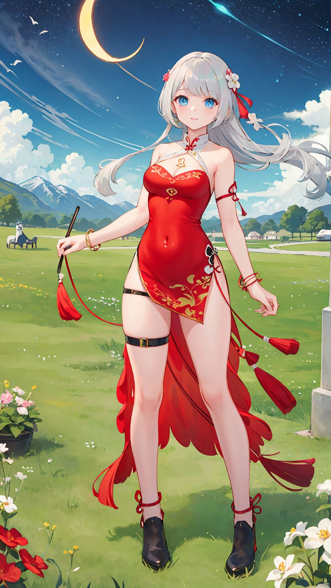 tian_qi_ji, 1girl, solo, long hair, braid, grey hair, medium breasts, bangs, blue eyes, gloves, dress, ribbon, cleavage, bare shoulders, jewelry, black footwear, bracelet, bare legs, covered navel, thigh strap, chinese clothes, red dress,

days, cloudy, stars, in a meadow, the top of the hill,