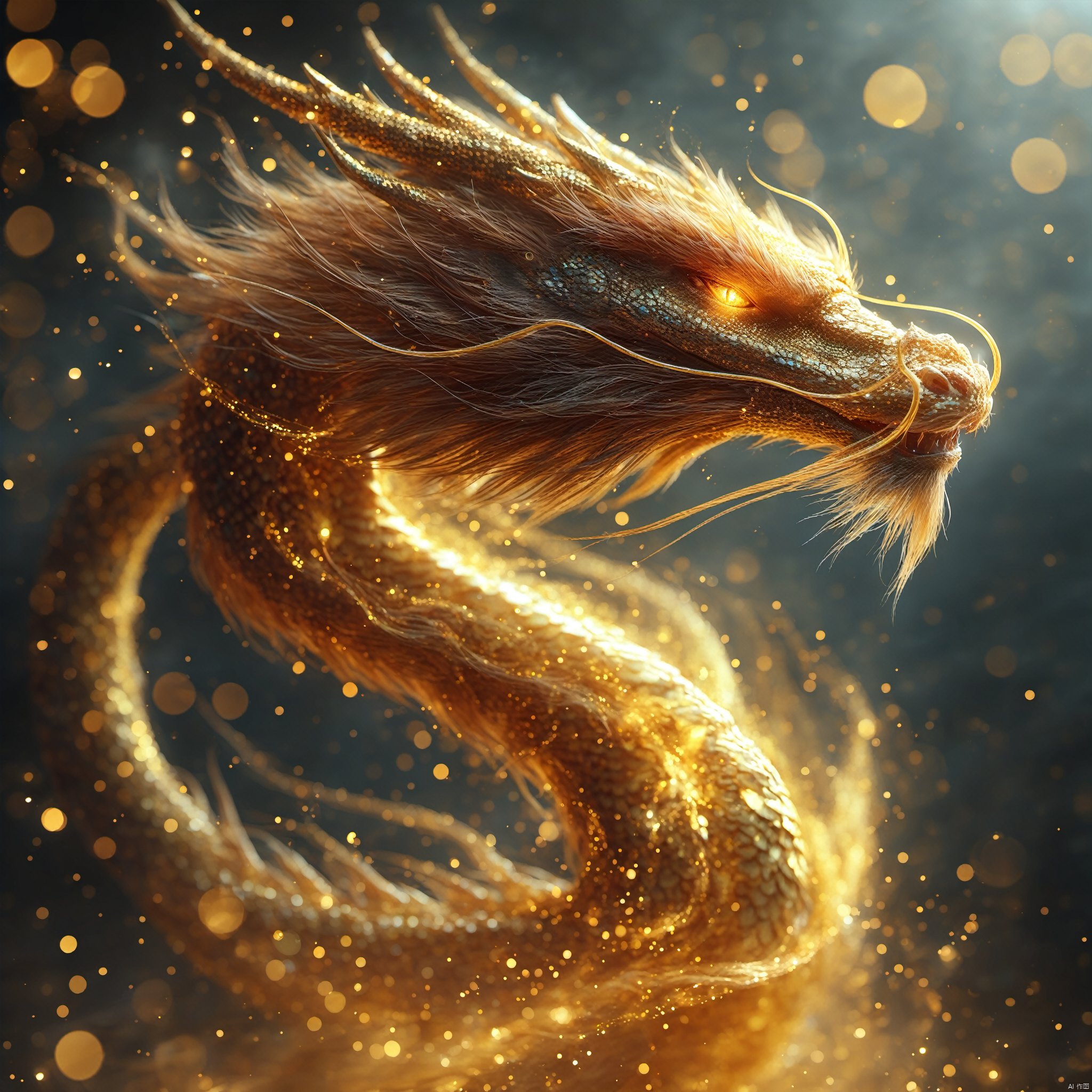  masterpiece,best quality,dragon, 
particles,dragon,no humans, simple background, solo, animal, from side, shining eyes,flying,eastern_dragon, particles,golden theme