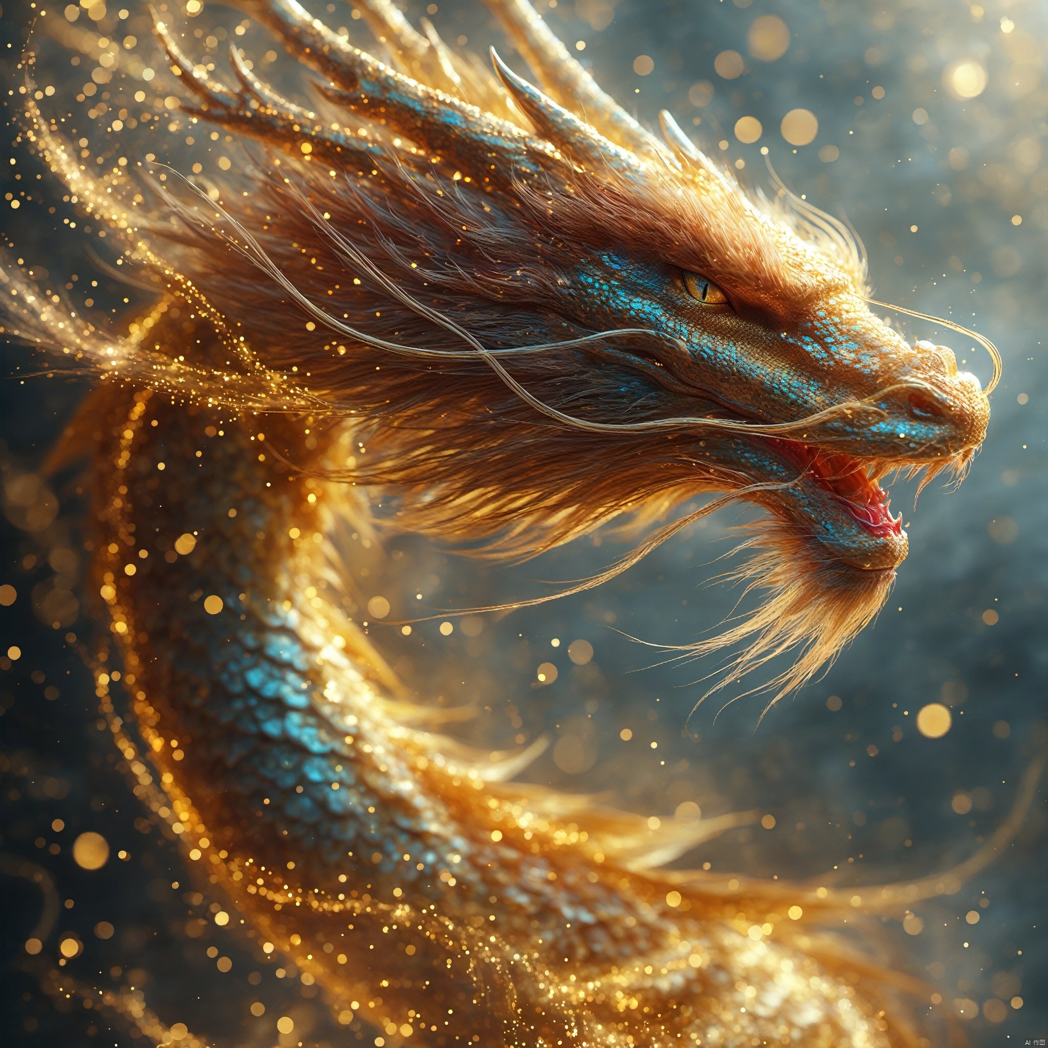  masterpiece,best quality,dragon, 
particles,dragon,no humans, simple background, solo, animal, from side, shining eyes,flying,eastern_dragon, particles,golden theme