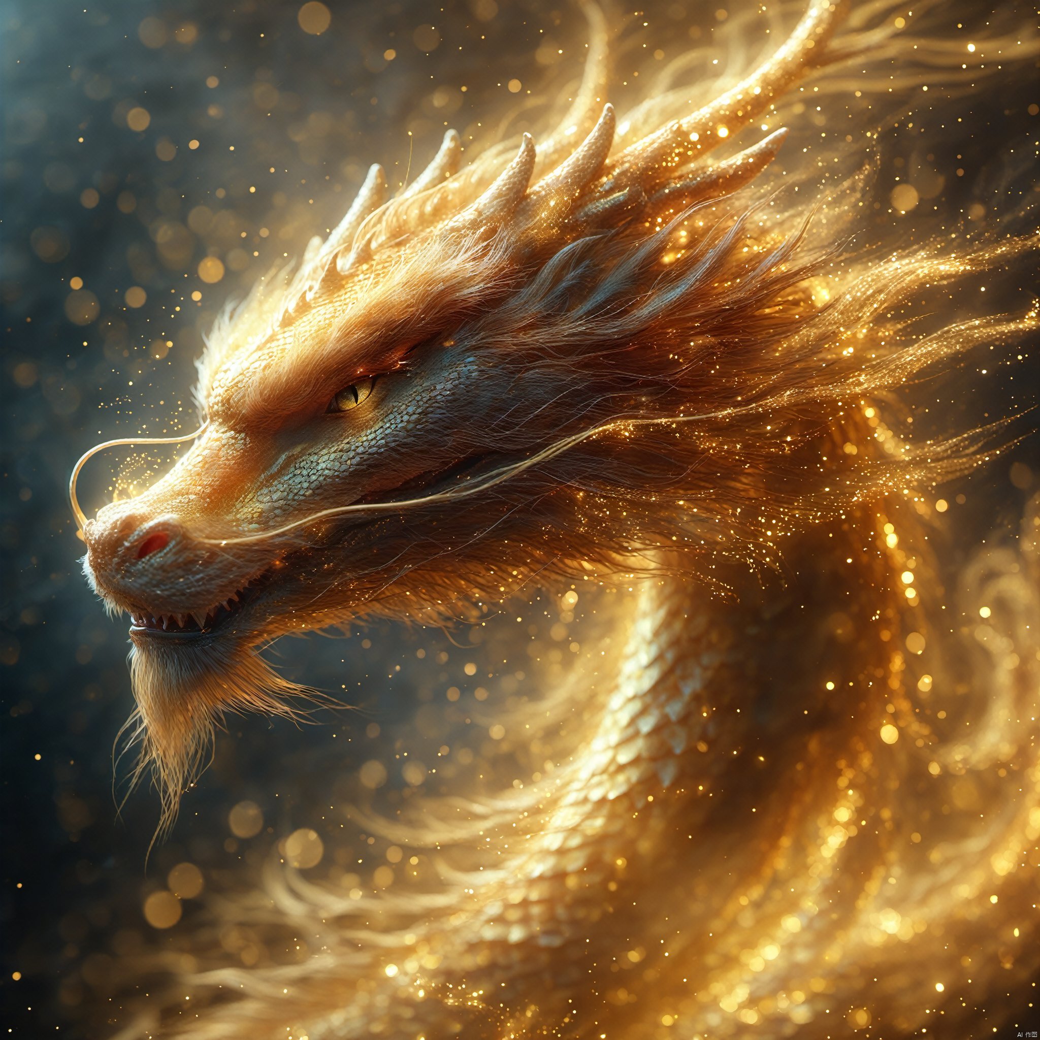  masterpiece,best quality,dragon, 
particles,dragon,no humans, simple background, solo, animal, from side, shining eyes,flying,eastern_dragon, particles,golden theme