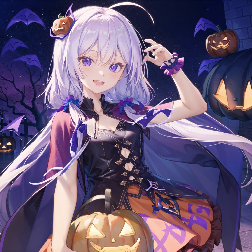 masterpiece, best quality, 1girl, long hair, skirt, solo, capelet, smile, shirt, looking at viewer, frills, upper teeth only, halloween, open mouth, hair between eyes, :d, white shirt, blush, teeth, jack-o'-lantern, wrist scrunchie, halloween bucket, frilled skirt, ghost, halloween costume, hidden hands, collarbone, ahoge, white hair, purple eyes, twintails,