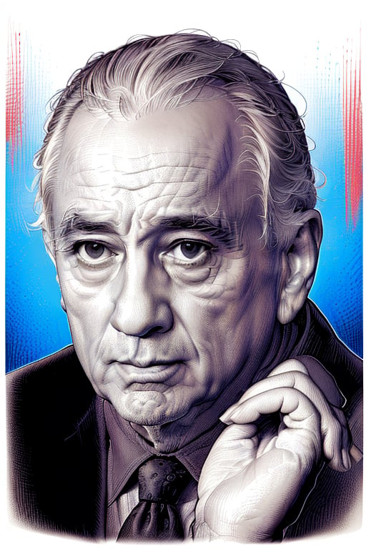 Ultra sharp, highly detailed, color crosshatch shaded portrait of Robert De Niro. High contrast face, cocked eyebrow, thick eyebrows, blue and red, shaded face, dark skyline in background, monochrome, spot color, blue theme, sharp focus, intricately detailed, hatched lineart, sharp hatching lines, highest quality, masterpiece, 8K, XTCH, crosshatch, portrait, art style, illustration, ,XTCH,crosshatch