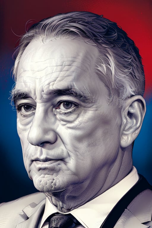 Ultra sharp, highly detailed, color crosshatch shaded portrait of Robert De Niro. High contrast face, cocked eyebrow, thick eyebrows, blue and red, shaded face, dark skyline in background, monochrome, spot color, blue theme, sharp focus, intricately detailed, hatched lineart, sharp hatching lines, highest quality, masterpiece, 8K, XTCH, crosshatch, portrait, art style, illustration, ,XTCH