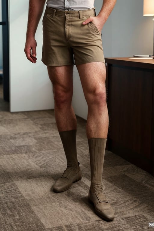 over the calf socks, wearing shorts, office, soft lighting, RAW, photorealistic,Masterpiece, 1guy, long socks