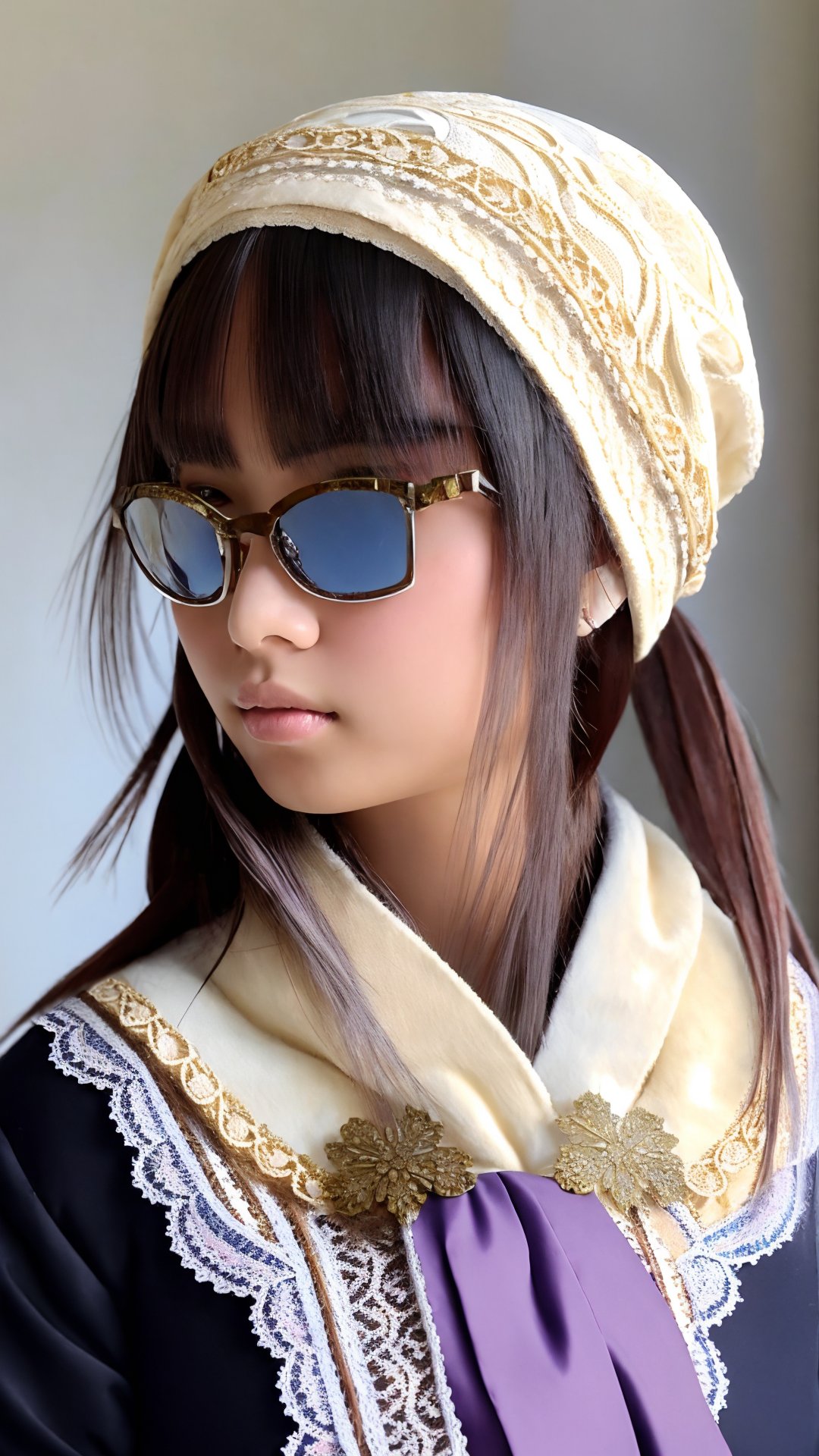 masterpiece, Best Quality, Ultra-detailed, solo,  soft smile girl,half body view, Short Wave brown hair, purple bracelet, beanie,beautiful kawaii Ukrainian girl,Roundish-almond eyes, blue eyes, stylish glasses, A fusion of Ainu traditional attire, and Gothic Lolita fashion, featuring a whimsical blend of intricate embroidery, lace, and Victorian-inspired elements, Clothing that has deteriorated over time, The outfit consists of a robe-like garment