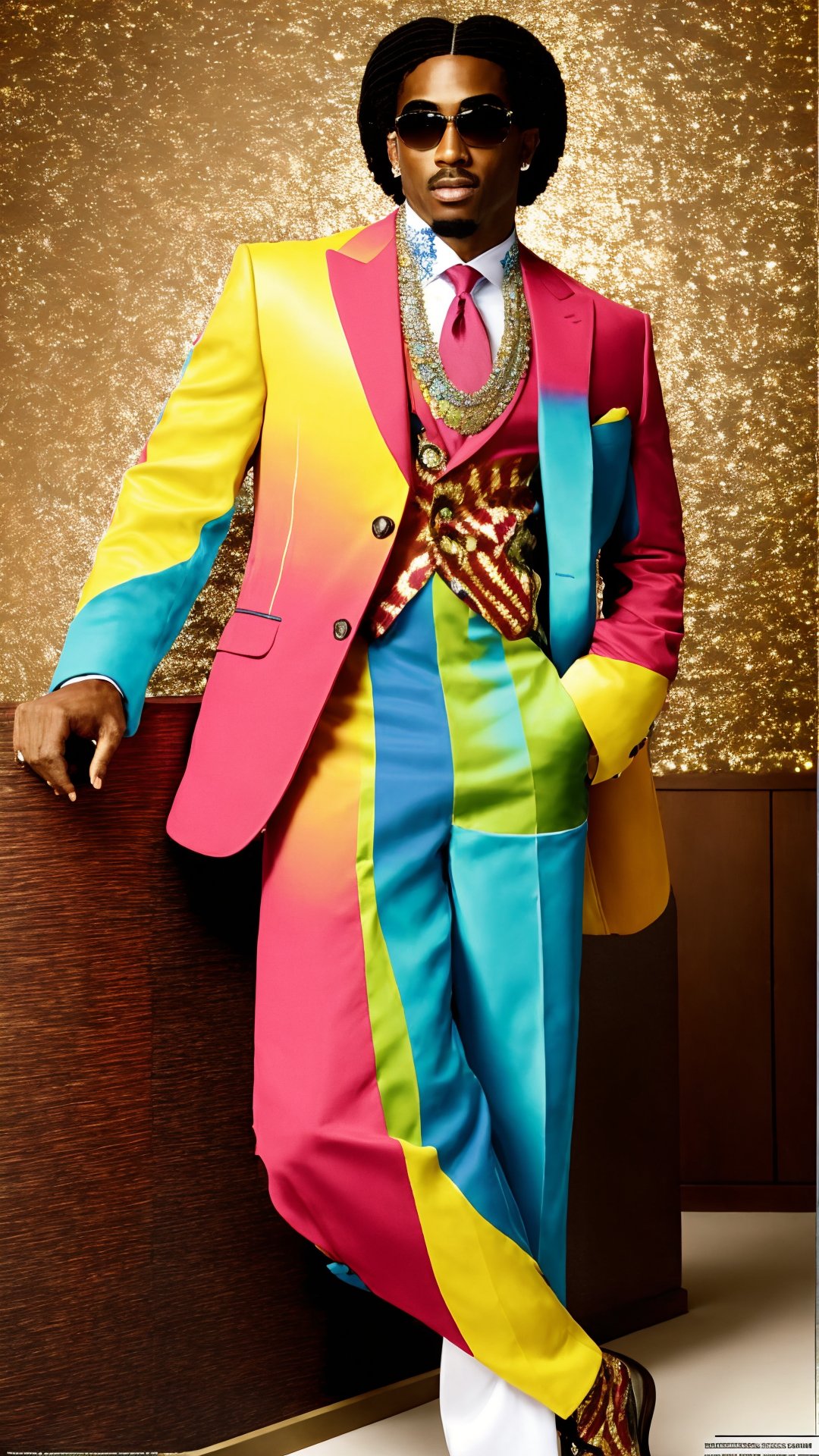 masterpiece, Best Quality, Ultra-detailed, solo, An African-American gentleman exudes unparalleled style in a vibrant, British-inspired double-breasted suit. The audacious color palette, wearing snowflake glasses, reminiscent of a daring art palette, infuses the ensemble with a kaleidoscope of non-traditional hues. The peaked lapels add a touch of luxury to the suit, elevating its sophistication. The overall look radiates confidence and style, merging cultural influences with a modern and vibrant twist. It's a sartorial masterpiece, breaking free from convention with its flamboyant colors and exuding a sense of individuality and panache, y2k