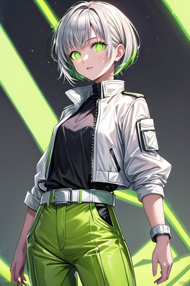 (masterpiece), (best quality),Science fiction,  graphics card, graphics card fan, green fluorescent tube,Solid color background, 1 girl, outgoing, sunny and handsome, Green pants, white jacket, Stand up collar jacket, (sci-fi style), Silver short hair, white belt, Green pupils, solo, yxch