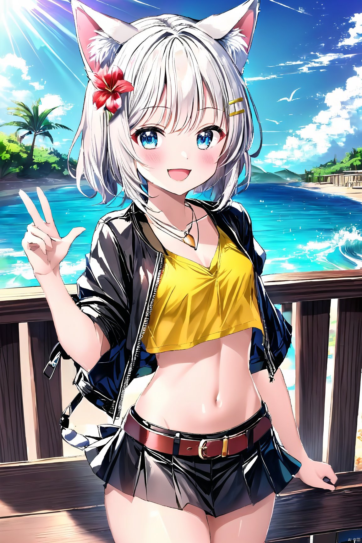 yxch, cuihuo, 1girl, solo, outdoors, black skirt, smile, animal ears, blue eyes, black jacket, extra ears, looking at viewer, necklace, shirt, jacket, skirt, midriff, navel, hair ornament, plant, day, breasts, open mouth, beach, jewelry, hairclip, short sleeves, thighs, white hair, :d, yellow shirt, open jacket, crop top, ocean, miniskirt, blush, cowboy shot, collarbone, long hair, belt, open clothes, potted plant, cat ears, bangs, v, animal ear fluff, cropped jacket, hand up, flower, small breasts, sky, water, cloud, tree, a woman in a short skirt and a cat ears hat poses for a picture on a deck near the ocean