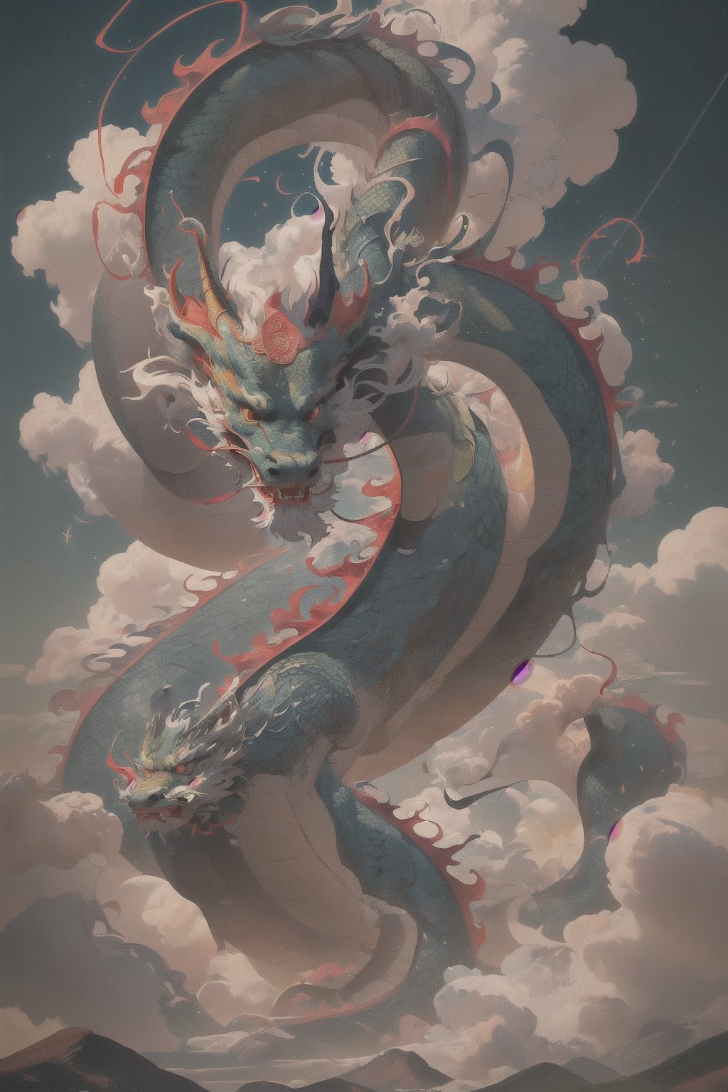 dragon-themed,dragonyear,
In the vast blue sky, the East Chinese dragon soars with immense power. Its sinuous body glimmers with iridescent scales as it gracefully glides through the air.  clouds part and the ground trembles, a symbol of its awe-inspiring might and dominance over the heavens.