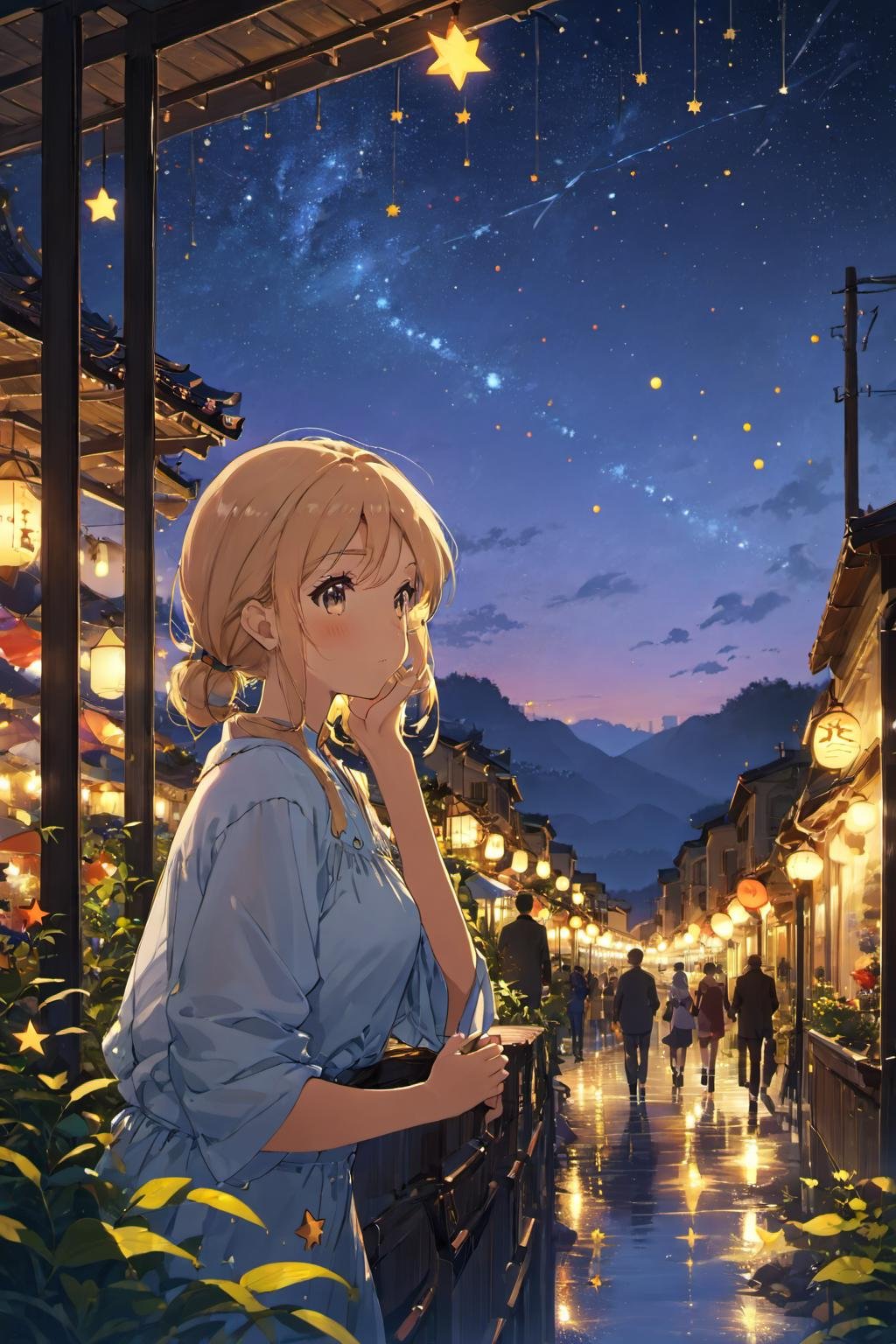 <lora:animeart:1.0>, animeart, 1girl, falling star, night, evening, outdoors