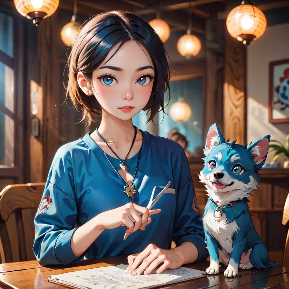 photo r3al, masterpiece, best quality, ultra realistic, cute little friendly blue dog mascot, on a table, warm lighting, clothed like a traveling merchant, Spirit Fox Pendant, ColorART, simple, minimalistic