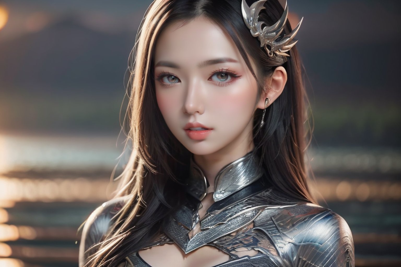 ((masterpiece)), ((best quality)), ((illustration)), extremely detailed,style girl, long shot, small breast,light grey very_long_hair, scifi hair ornaments, beautiful detailed deep eyes, beautiful detailed sky, beautifuldetailed water, cinematic lighting