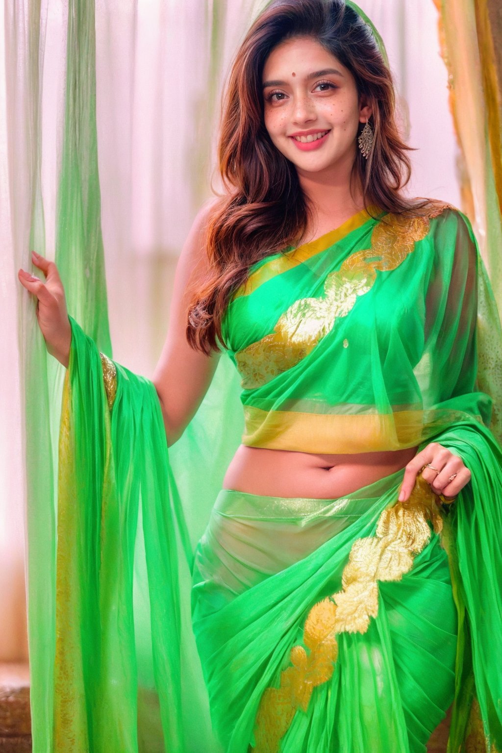 beautiful lady, (freckles), big smile, brown eyes, long hair, hyperdetailed photography, soft light, full-length_portrait, cover,Beautiful Indian girl, full_body, green saree, navel, transparent, office, Saree, detailmaster2,Extremely Realistic