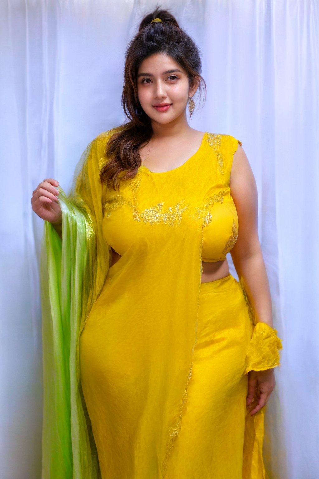 Pakistani muslim girl, (16yo) real skin textures,wear pakistani dress,(((()),ponytail_hair, shy and ,, covered body, slightly_chubby ,curvy_figure, losse clothes , ,,looking_at_viewer,self_shot,photorealistic,milfication,no_bra,mature female