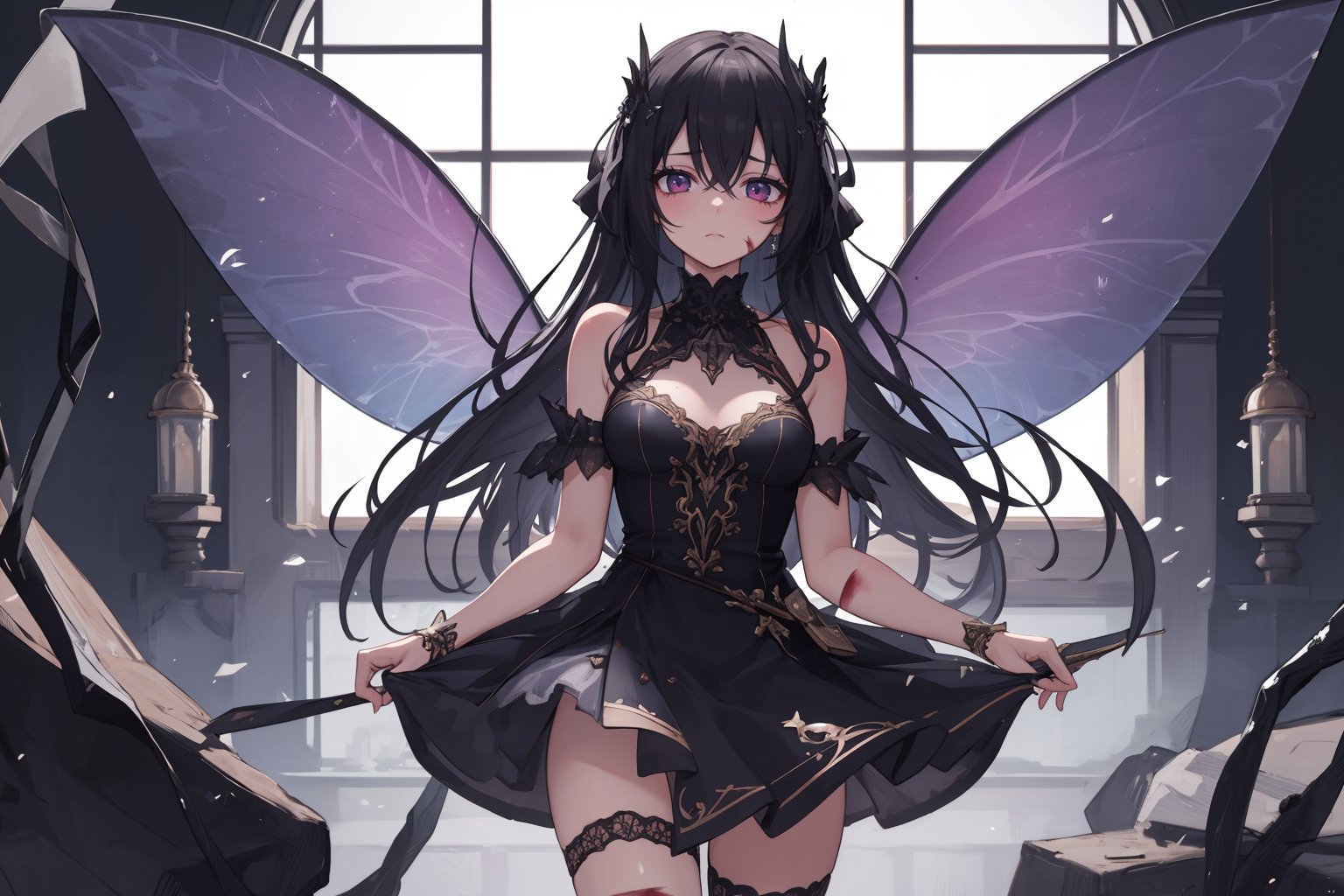 Masterpiece, best quality, ultra detailed, extremely detailed, sharp focus, Solo, 1 girl, wounded, looking sad, fairy with one wing, long hair, wearing a short closed dress