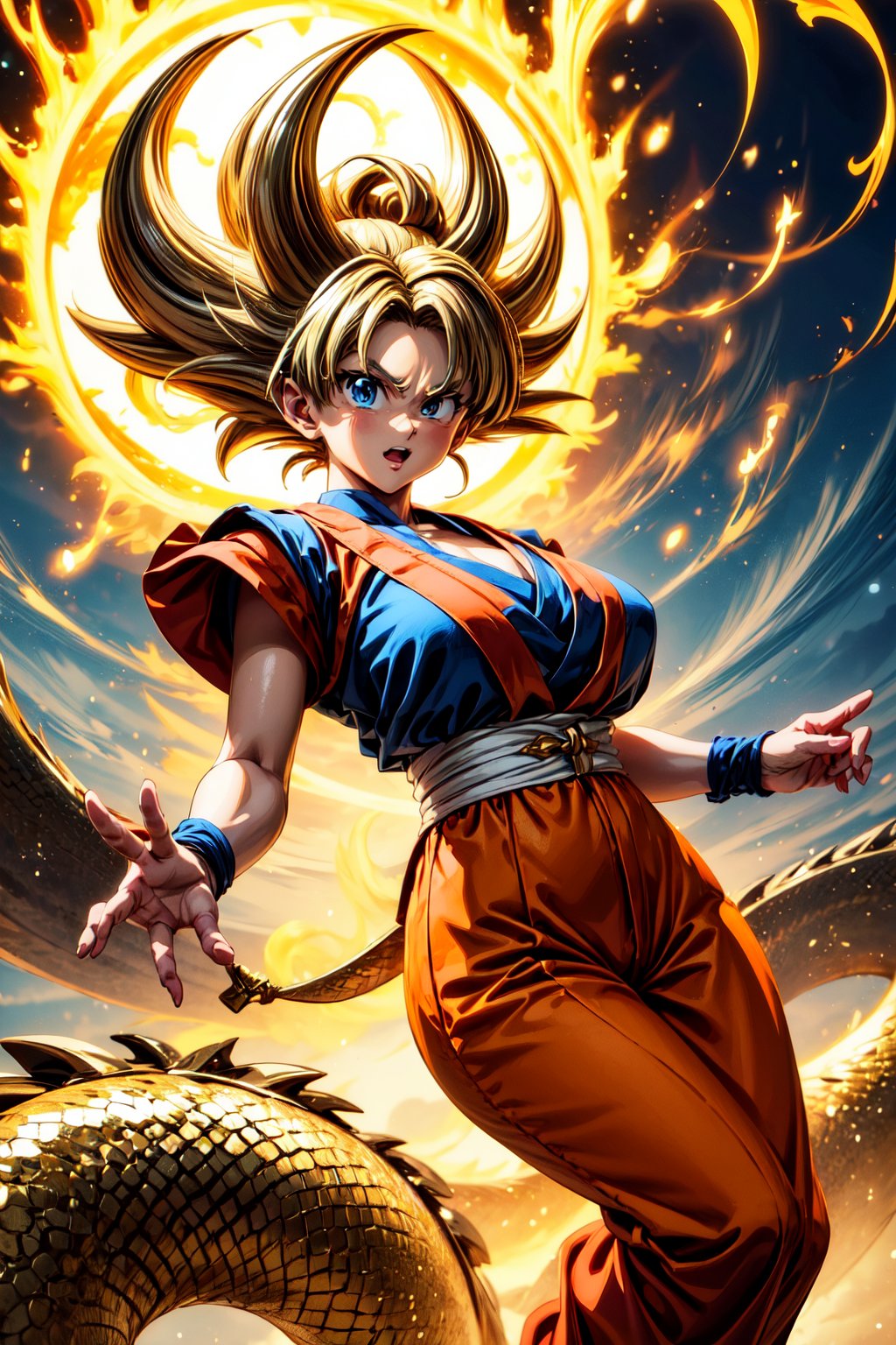 In a stunning display of strength and grace, Goku rides atop a magnificent Chinese dragon, their energies intertwined in a harmonious dance. The dragon's golden scales reflect the fiery energy emanating from Goku, creating a breathtaking scene of power and beauty.
(Masterpiece, Best Quality, 8k:1.2), (Ultra-Detailed, Highres, Extremely Detailed, Absurdres, Incredibly Absurdres, Huge Filesize:1.1), (Anime Style:1.3), , Golden oriental dragon