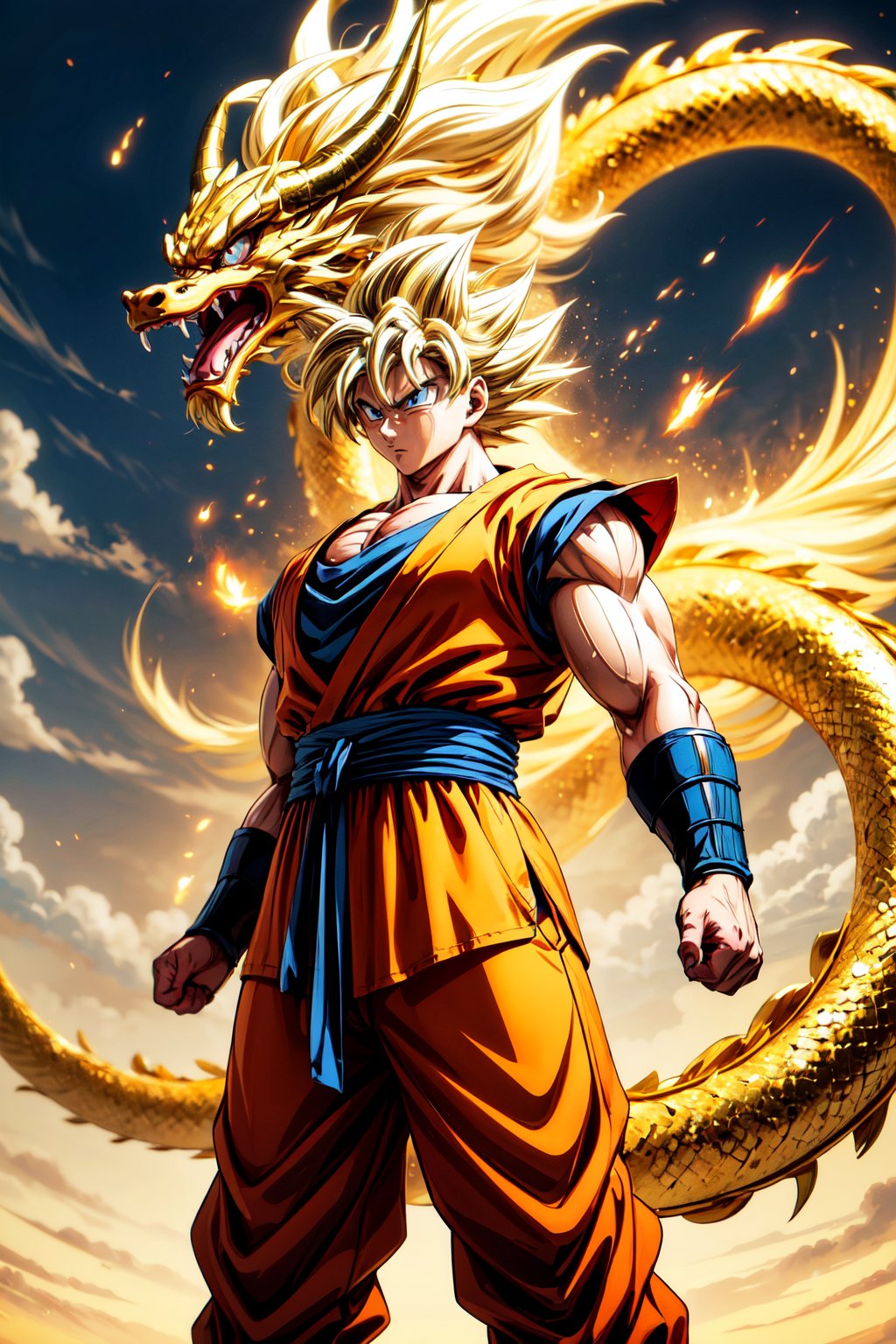 A powerful Goku stands atop a majestic golden Chinese dragon, his aura radiating with boundless energy. The intricate scales of the dragon shimmer in the sunlight, while Goku's determined expression shows his readiness for battle.
(Masterpiece, Best Quality, 8k:1.2), (Ultra-Detailed, Highres, Extremely Detailed, Absurdres, Incredibly Absurdres, Huge Filesize:1.1), (Anime Style:1.3), , Golden oriental dragon
