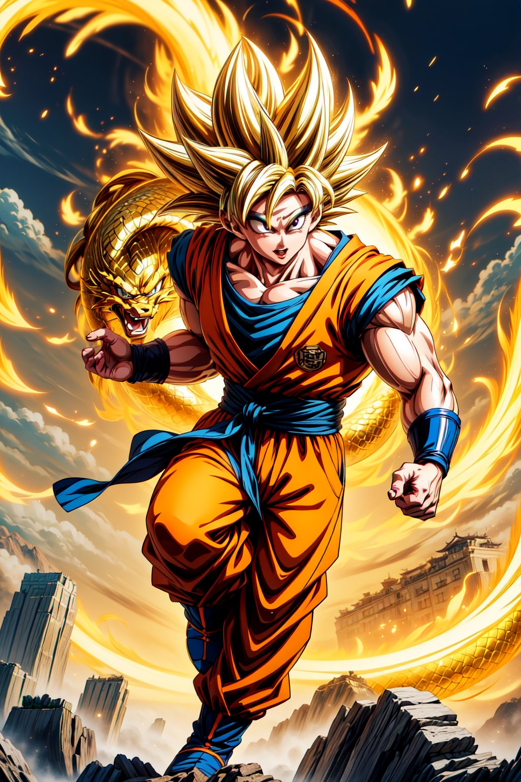 Super saiyan, A Goku has a golden Chinese dragon wrapped around his hand. He is full of energy and quarrelling. 
(Masterpiece, Best Quality, 8k:1.2), (Ultra-Detailed, Highres, Extremely Detailed, Absurdres, Incredibly Absurdres, Huge Filesize:1.1), (Anime Style:1.3), 