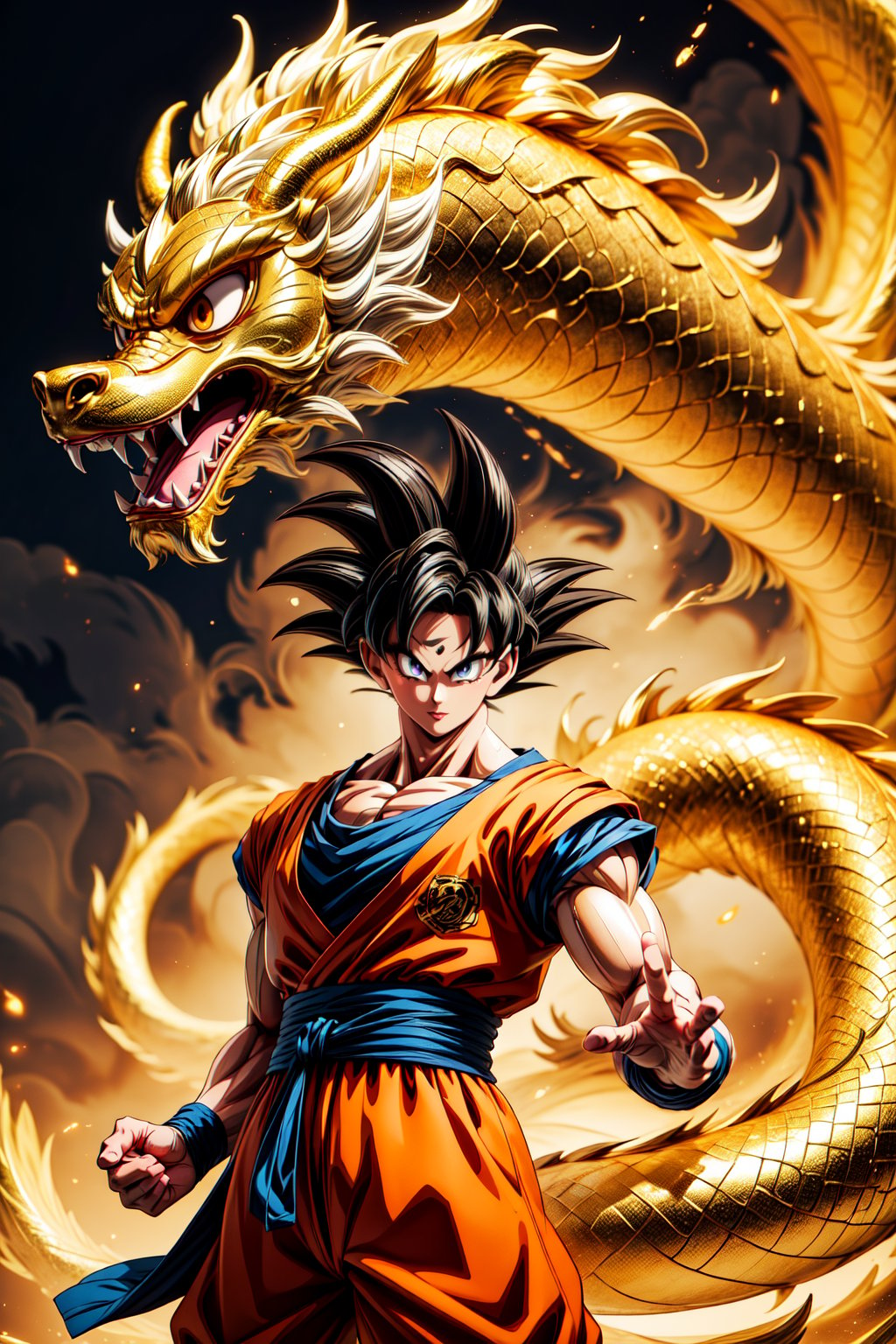 A Goku has a golden Chinese dragon wrapped around his hand. He is full of energy and quarrelling.
(Masterpiece, Best Quality, 8k:1.2), (Ultra-Detailed, Highres, Extremely Detailed, Absurdres, Incredibly Absurdres, Huge Filesize:1.1), (Anime Style:1.3), 