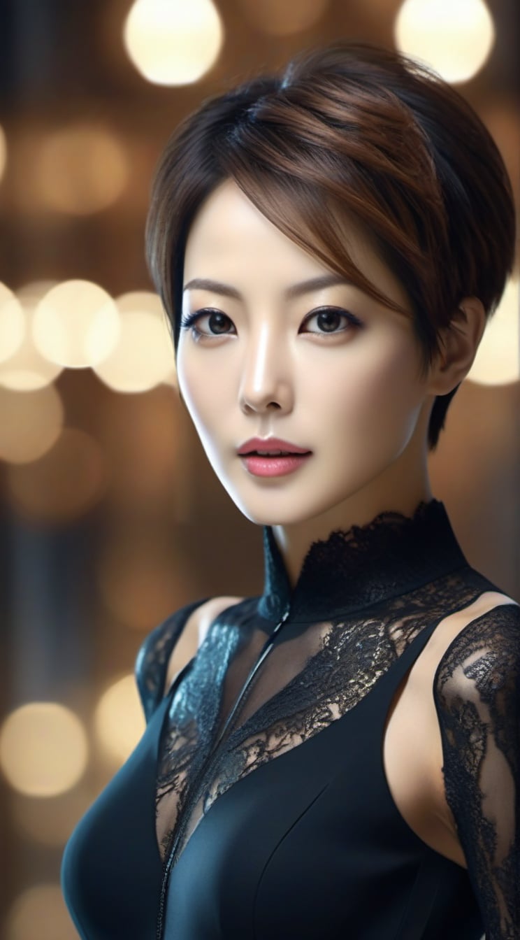 realistic portrait of a beautiful woman,detailed exquisite symmetric face,sharp nose,short hair,hourglass figure,perfect female form,slim and tall model body,skinny tight black one piece,bokeh,looking at viewer,siena natural ratio,by Sakimichan and Yoji Shinkawa and Serafleur,more detail XL,kim_heesun