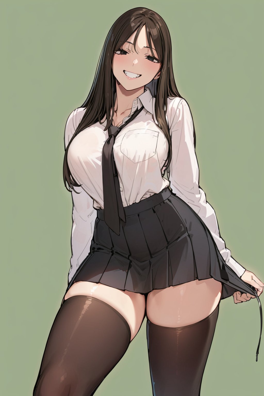 masterpiece, best quality, highres, perfect face, (1girl), (solo), (upper body), (broad shoulders, big breasts, long legs, big_hips, wide pelvis, slender, skinny, black eyes, black long hair, bangs, dead_eyes), (school uniform, black skirt without wrinkles, white shirt, black stockings, black necktie), looking_at_viewer,BG, (sneer, laugh, evil),