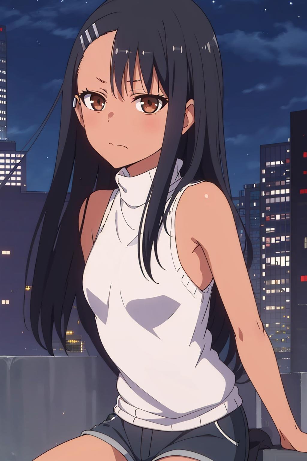 1girl, solo,sitting, cyberpunk cityscape,night city \(city\), stealth in the city, scar, small breast, masterpiece, turtleneck sweater, professional artwork, famous artwork, perfect face,<lora:Hayase_Nagatoro:0.7> ,nagatoro hayase, hair ornament, brown eyes, hairclip,dark skin, black hair,tank top, shorts, cowboy shot, black hair, beautiful face, intense look, ((perfect female body, narrow waist)), background city, 