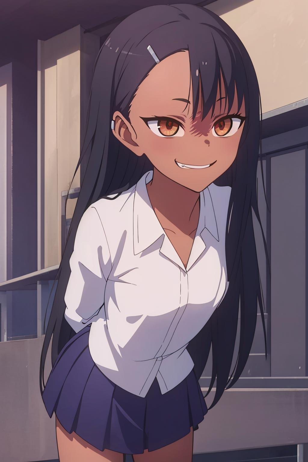 (extremely detailed CG unity 8k wallpaper), (masterpiece), (best quality), (ultra-detailed), (best illustration), (best shadow), (absurdres), 1girl, solo,<lora:Hayase_Nagatoro:0.7> ,nagatoro hayase, hair ornament, brown eyes, hairclip, shirt,dark skin, black hair, long hair, evil smile, arms behind back, leaning forward 