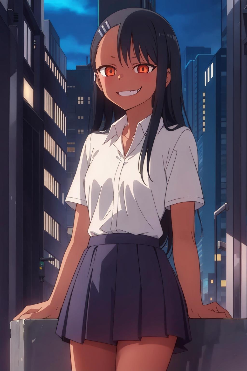 1girl, solo,sitting, cyberpunk cityscape,night city \(city\), stealth in the city,small breast, masterpiece, professional artwork, famous artwork, perfect face,<lora:Hayase_Nagatoro:0.7> ,nagatoro hayase, hair ornament, glowing brown eyes, hairclip,dark skin, black hair,school uniform, cowboy shot, black hair, beautiful face, evil smile, evil eyes, ((perfect female body, narrow waist)), background city, 