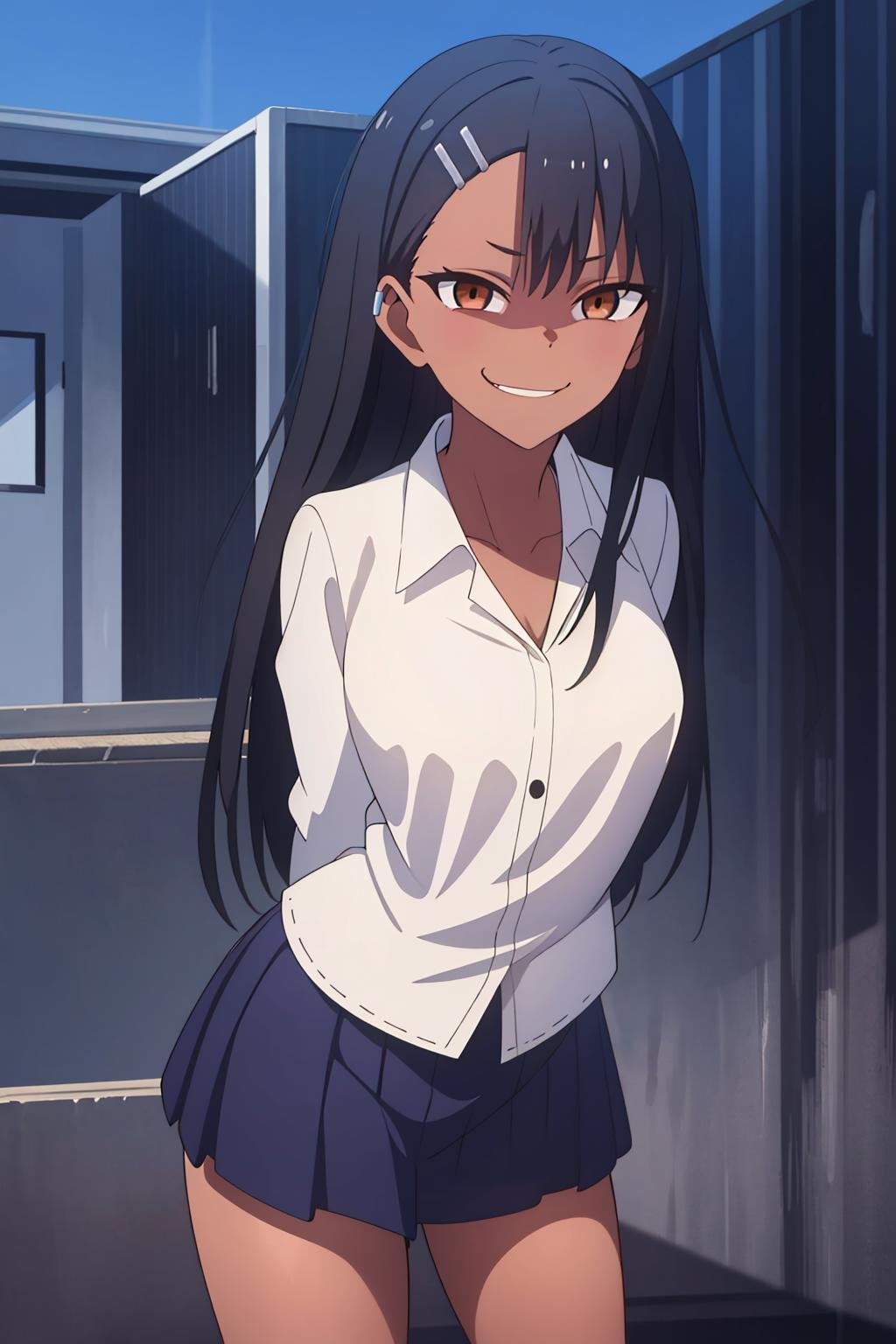 (extremely detailed CG unity 8k wallpaper), (masterpiece), (best quality), (ultra-detailed), (best illustration), (best shadow), (absurdres), 1girl, solo,<lora:Hayase_Nagatoro:0.6> ,nagatoro hayase, hair ornament, brown eyes, hairclip, shirt,dark skin, black hair, long hair, evil smile, arms behind back, leaning forward 