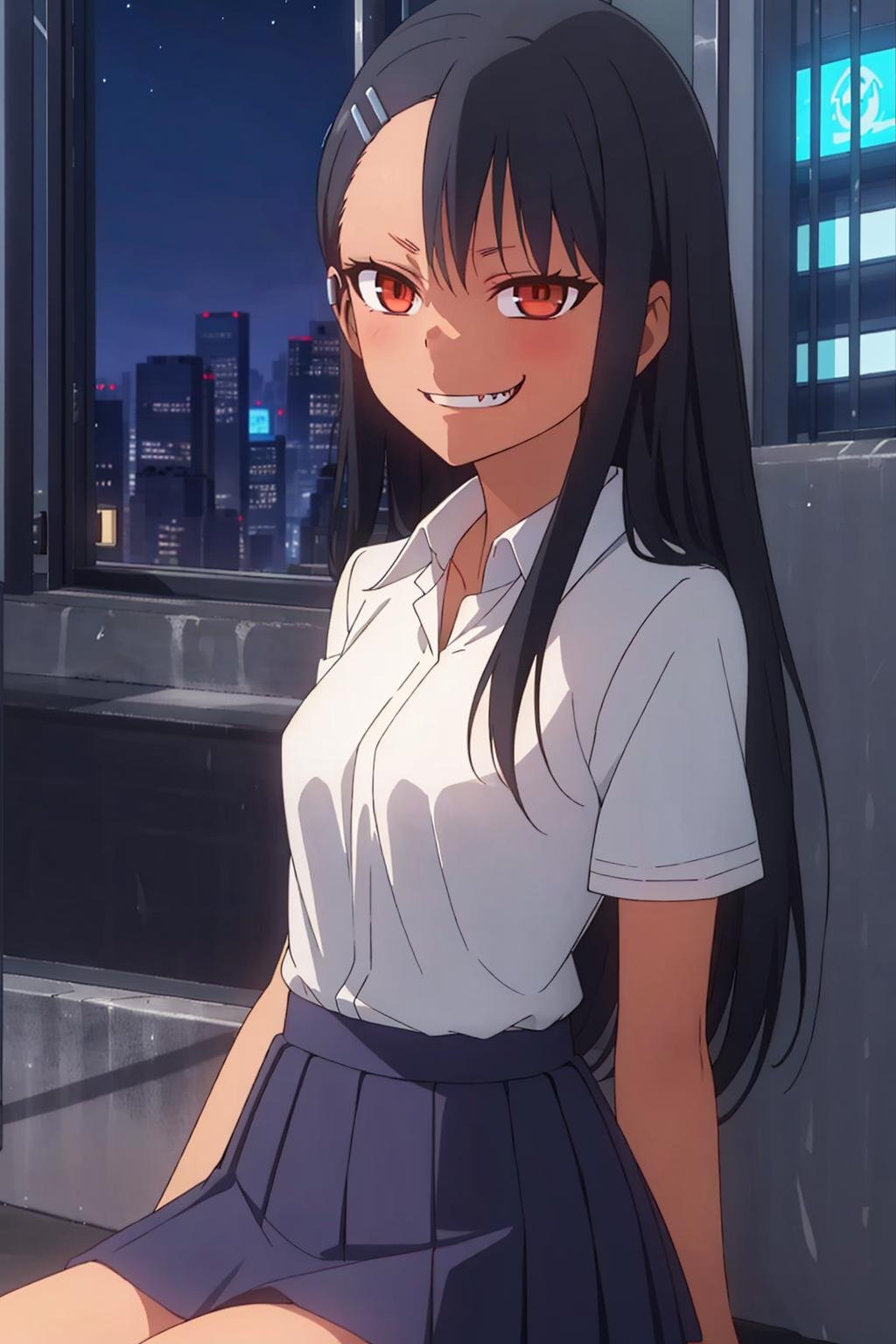 1girl, solo,sitting, cyberpunk cityscape,night city \(city\), stealth in the city,small breast, masterpiece, professional artwork, famous artwork, perfect face,<lora:Hayase_Nagatoro:0.7> ,nagatoro hayase, hair ornament, glowing brown eyes, hairclip,dark skin, black hair,school uniform, cowboy shot, black hair, beautiful face, evil smile, evil eyes, ((perfect female body, narrow waist)), background city, 