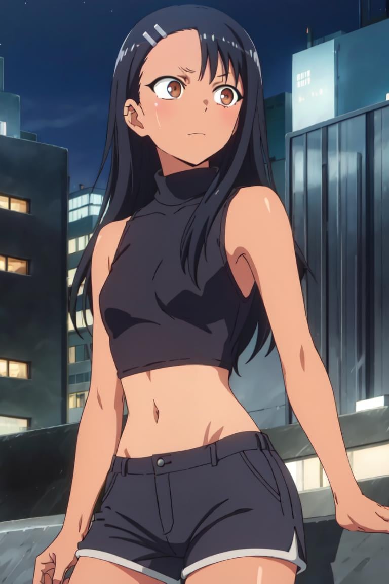 1girl, solo,sitting, cyberpunk cityscape,night city \(city\), stealth in the city, scar, small breast, masterpiece, turtleneck sweater, professional artwork, famous artwork, perfect face,, perfect eyes,<lora:Nagatoro_Hayase-09:0.7>,nagatoro hayase, hair ornament, brown eyes, hairclip,dark skin, black hair,tank top, shorts, cowboy shot, black hair, beautiful face, intense look, ((perfect female body, narrow waist)), background city, <lora:droids_LoKr_prodigy_v1-01:0.7>, mechanical parts, mechanical arms