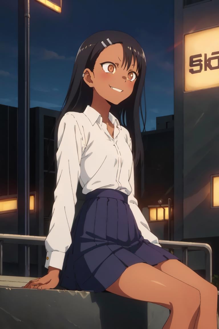 1girl, solo,sitting, cyberpunk cityscape,night city \(city\), stealth in the city,small breast, masterpiece, professional artwork, famous artwork, perfect face,perfect eyes,<lora:Nagatoro_Hayase-09:0.7> ,nagatoro hayase, hair ornament, brown eyes,glowing eyes, hairclip,dark skin, black hair,school uniform, cowboy shot, black hair, beautiful face, evil smile, evil eyes, ((perfect female body, narrow waist)), background city,  skirt