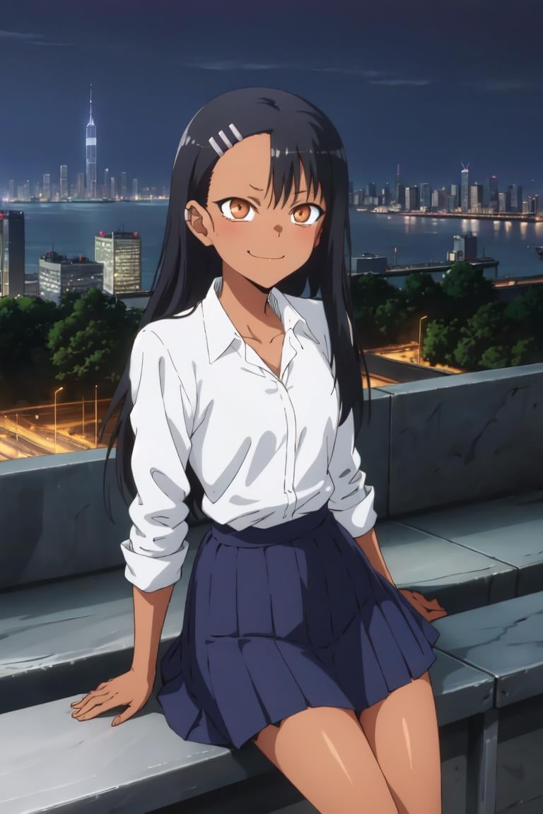 1girl, solo,sitting, cyberpunk cityscape,night city \(city\), stealth in the city,small breast, masterpiece, professional artwork, famous artwork, perfect face,perfect eyes,<lora:Nagatoro_Hayase-09:0.7> ,nagatoro hayase, hair ornament, brown eyes,glowing eyes, hairclip,dark skin, black hair,school uniform, cowboy shot, black hair, beautiful face, evil smile, evil eyes, ((perfect female body, narrow waist)), background city,  skirt