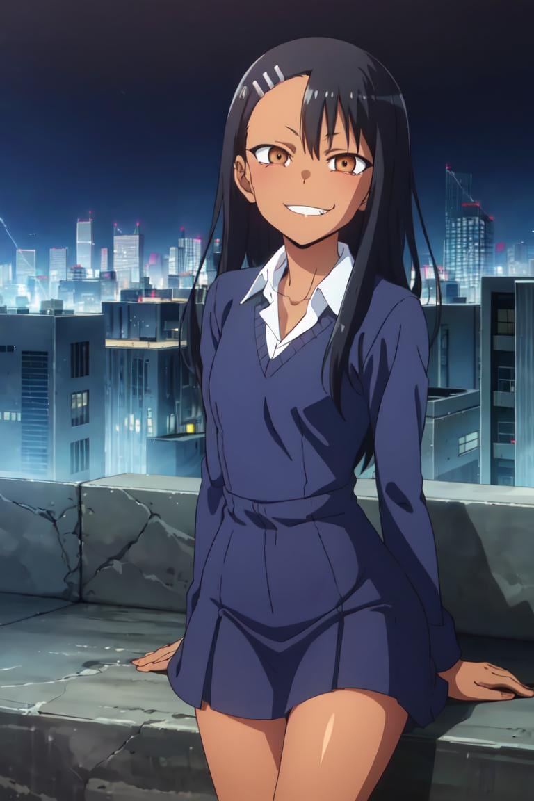 1girl, solo,sitting, cyberpunk cityscape,night city \(city\), stealth in the city,small breast, masterpiece, professional artwork, famous artwork, perfect face, perfect eyes,<lora:Nagatoro_Hayase-09:0.7> ,nagatoro hayase, hair ornament, glowing brown eyes, hairclip,dark skin, black hair,school uniform, cowboy shot, black hair, beautiful face, evil smile, evil eyes, ((perfect female body, narrow waist)), background city,