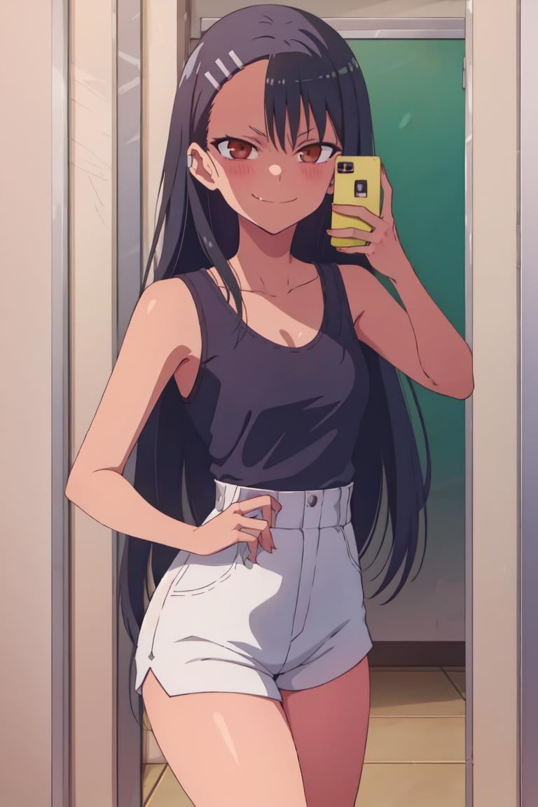 (extremely detailed CG unity 8k wallpaper), (masterpiece), (best quality), (ultra-detailed), (best illustration), (best shadow), (absurdres), ((perfect female body, perfect waist)), 1girl, solo,<lora:Nagatoro_Hayase-09:0.65> ,nagatoro hayase, hair ornament, brown eyes, hairclip,(dark skin:1), black hair, long hair,,tank top, shorts, cowboy shot,evil smile, evil eyes,<lora:MirrorSelfieLora:0.8>, anime, mirror selfie, holding phone,