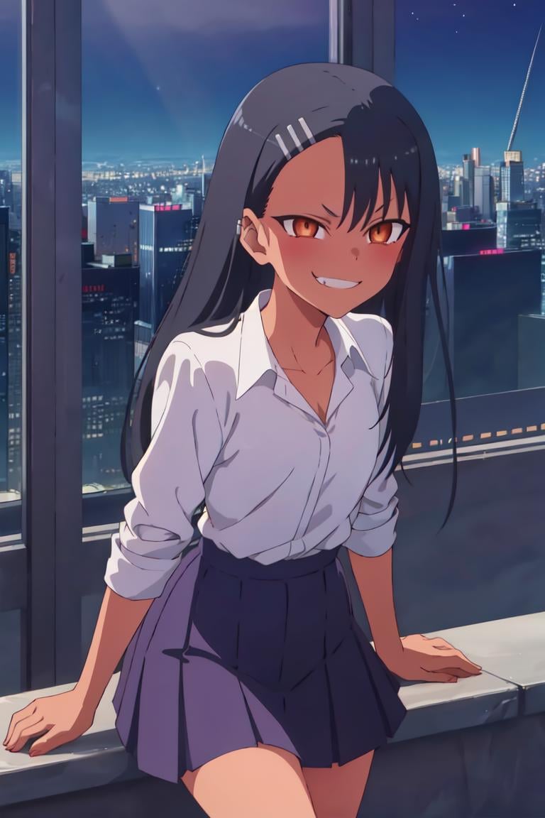 1girl, solo,sitting, cyberpunk cityscape,night city \(city\), stealth in the city,small breast, masterpiece, professional artwork, famous artwork, perfect face,perfect eyes,<lora:Nagatoro_Hayase-09:0.7> ,nagatoro hayase, hair ornament, brown eyes,glowing eyes, hairclip,dark skin, black hair,school uniform, cowboy shot, black hair, beautiful face, evil smile, evil eyes, ((perfect female body, narrow waist)), background city,  skirt