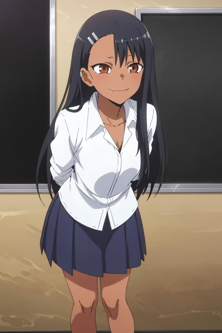 (extremely detailed CG unity 8k wallpaper), (masterpiece), (best quality), (ultra-detailed), (best illustration), (best shadow), (absurdres), 1girl, solo, pefrect face, perfect eyes,<lora:Nagatoro_Hayase-09:0.7> ,nagatoro hayase, hair ornament, brown eyes, hairclip, shirt,dark skin, black hair, long hair, evil smile, arms behind back, leaning forward , skin fang, skirt