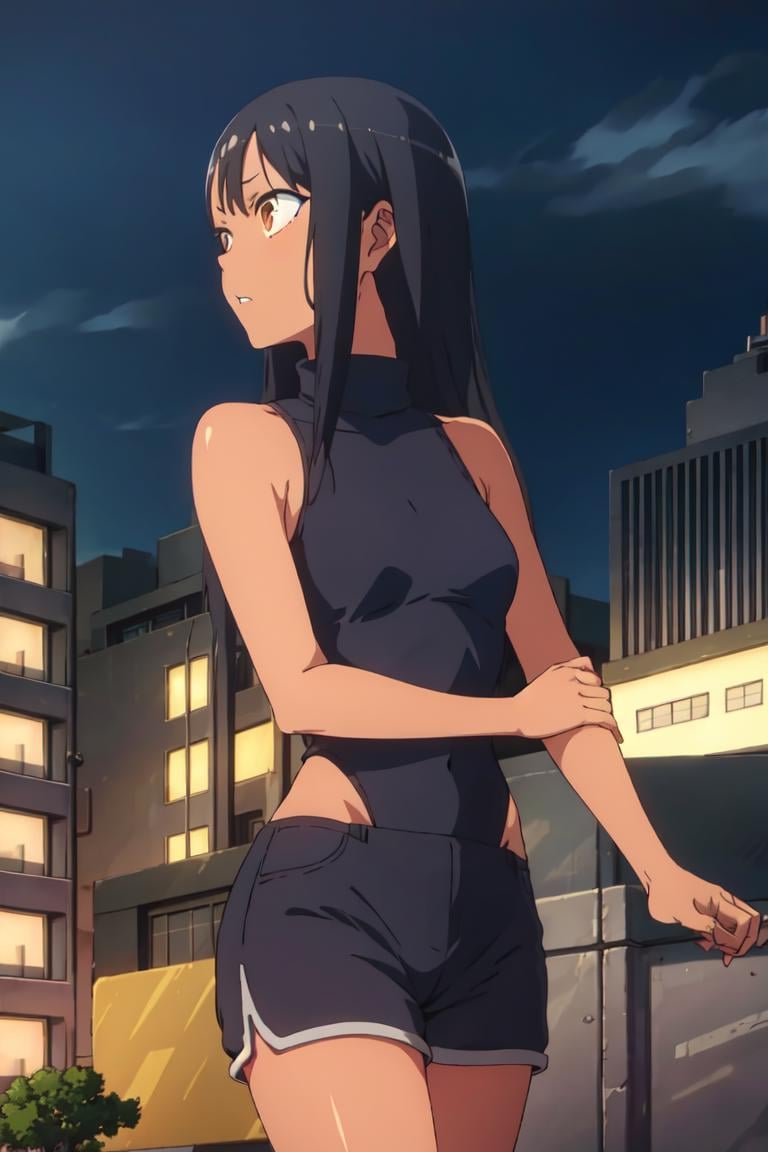 1girl, solo,sitting, cyberpunk cityscape,night city \(city\), stealth in the city, scar, small breast, masterpiece, turtleneck sweater, professional artwork, famous artwork, perfect face,, perfect eyes,<lora:Nagatoro_Hayase-09:0.7>,nagatoro hayase, hair ornament, brown eyes, hairclip,dark skin, black hair,tank top, shorts, cowboy shot, black hair, beautiful face, intense look, ((perfect female body, narrow waist)), background city