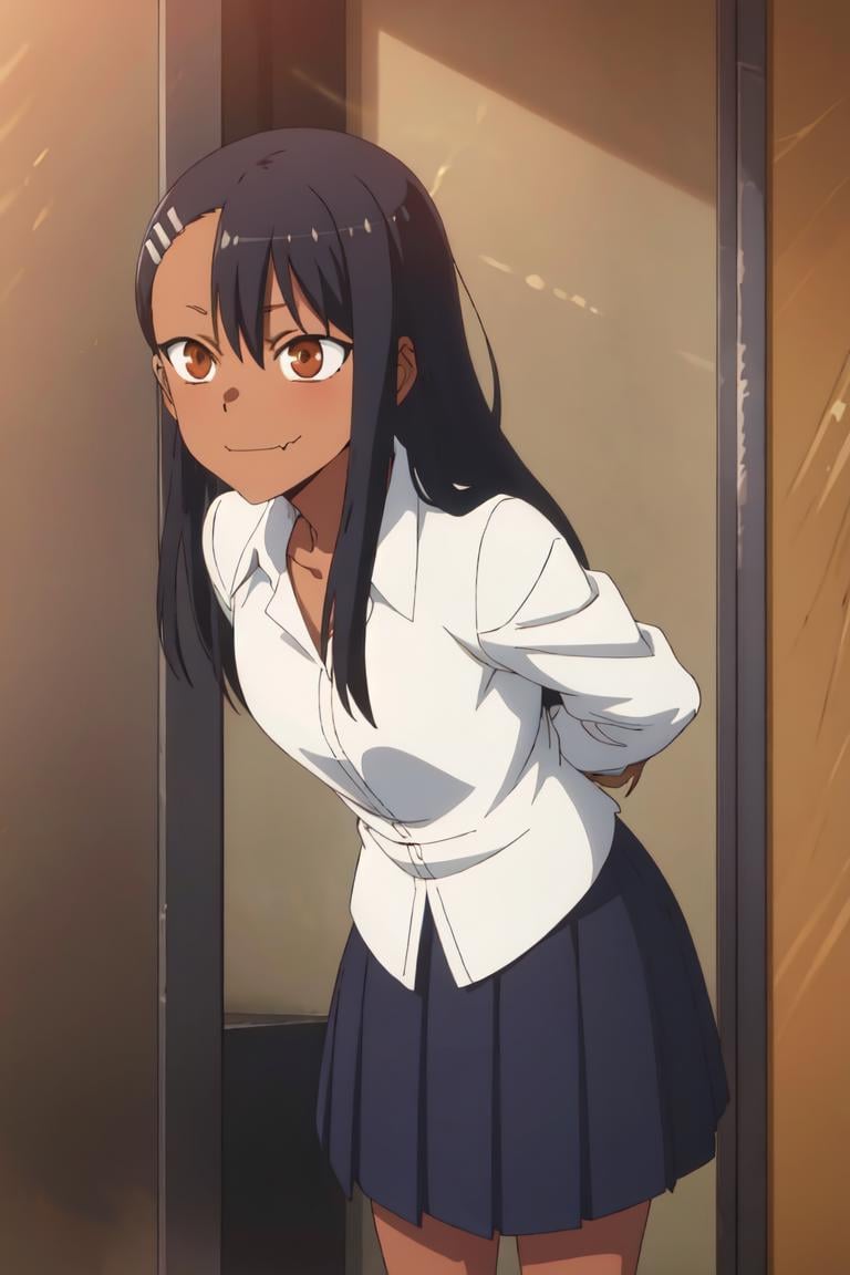 (extremely detailed CG unity 8k wallpaper), (masterpiece), (best quality), (ultra-detailed), (best illustration), (best shadow), (absurdres), 1girl, solo, pefrect face, perfect eyes,<lora:Nagatoro_Hayase-09:0.7> ,nagatoro hayase, hair ornament, brown eyes, hairclip, shirt,dark skin, black hair, long hair, evil smile, arms behind back, leaning forward , skin fang, skirt