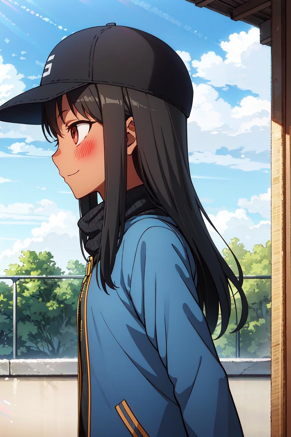 (extremely detailed CG unity 8k wallpaper), (masterpiece), (best quality), (ultra-detailed), (best illustration), (best shadow), (absurdres), 1girl, solo, pefrect face, perfect eyes, <lora:Nagatoro_V3-000009:0.7> ,nagatoro hayase, long hair, black hair, 1girl, sky, smile, brown eyes, day, hat, cloud, solo, blush, closed mouth, blue sky, jacket, profile, dark skin, outdoors, 1boy, upper body, from side, long sleeves, solo focus, hood, turtleneck