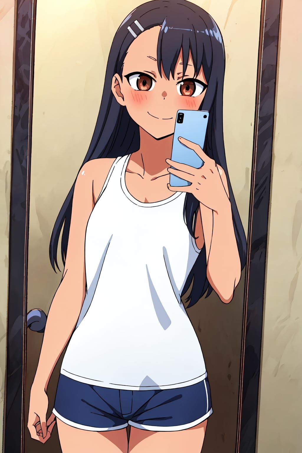 (extremely detailed CG unity 8k wallpaper), (masterpiece), (best quality), (ultra-detailed), (best illustration), (best shadow), (absurdres), 1girl, solo, pefrect face, perfect eyes, <lora:Nagatoro_V3-000009:0.7> ,nagatoro hayase, hair ornament, brown eyes, hairclip,(dark skin:1), black hair, long hair,,tank top, shorts, cowboy shot,evil smile, evil eyes,<lora:MirrorSelfieLora:0.8>, anime, bathroom, mirror selfie, holding phone,