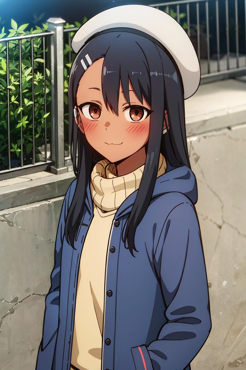 (extremely detailed CG unity 8k wallpaper), (masterpiece), (best quality), (ultra-detailed), (best illustration), (best shadow), (absurdres), 1girl, solo, pefrect face, perfect eyes, <lora:Nagatoro_V3-000009:0.7> ,nagatoro hayase, 1girl, solo, black hair, long hair, hat, brown eyes, :3, dark skin, dark-skinned female, upper body, hood, blush, smile, bangs, closed mouth, outdoors, looking at viewer, jacket, hairclip, piercing, earclip, turtleneck, blue jacket, asymmetrical bangs, animal ears, day, long sleeves, tan, hair between eyes, straight hair, ear piercing, hair ornament, shiny