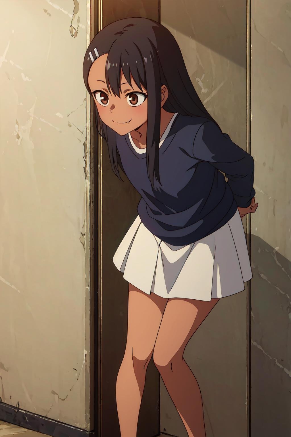 (extremely detailed CG unity 8k wallpaper), (masterpiece), (best quality), (ultra-detailed), (best illustration), (best shadow), (absurdres), 1girl, solo, pefrect face, perfect eyes,,<lora:Nagatoro_V3-000009:0.7> ,nagatoro hayase, hair ornament, brown eyes, hairclip, shirt,dark skin, black hair, long hair, evil smile, arms behind back, leaning forward , skin fang, skirt