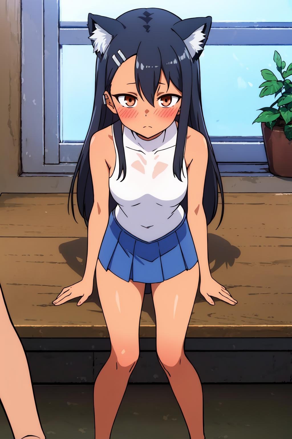 (extremely detailed CG unity 8k wallpaper), (masterpiece), (best quality), (ultra-detailed), (best illustration), (best shadow), (absurdres), 1girl, solo, pefrect face, perfect eyes, <lora:Nagatoro_V3-000009:0.7> ,nagatoro hayase, animal ears, 1girl, tan, tanlines, cat ears, skirt, black hair, long hair, brown eyes, one-piece tan, blush, hairclip, breasts, hair ornament, blue skirt, bare shoulders, pleated skirt, standing, dark-skinned female, indoors, dark skin, small breasts, bangs, solo focus, solo, closed mouth, shirt, asymmetrical bangs, turtleneck, frown, embarrassed, miniskirt, earclip, feet out of frame, shiny, window, collarbone, looking away, hair between eyes