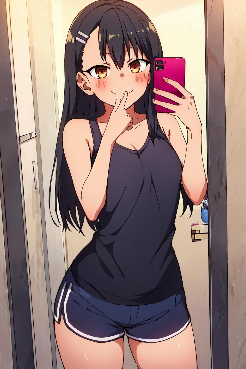 (extremely detailed CG unity 8k wallpaper), (masterpiece), (best quality), (ultra-detailed), (best illustration), (best shadow), (absurdres), 1girl, solo, pefrect face, perfect eyes,,<lora:Nagatoro_V3-000009:0.7> ,nagatoro hayase, hair ornament, brown eyes, hairclip,(dark skin:1), black hair, long hair,,tank top, shorts, cowboy shot,evil smile, evil eyes,<lora:MirrorSelfieLora:0.8>, anime, bathroom, mirror selfie, holding phone,