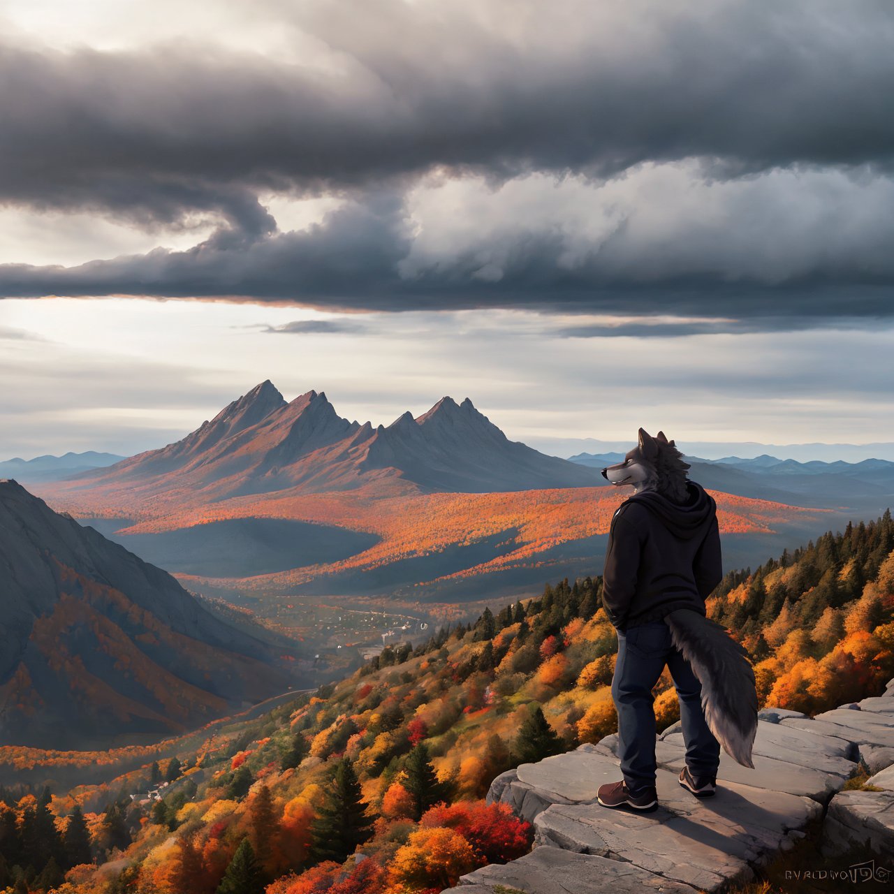 furry, fluffy, wolf, male, handsome, hoodie, detailed backgreound, autumn, nature, mountains, dark clouds, storm clouds, ultra-detailed, 