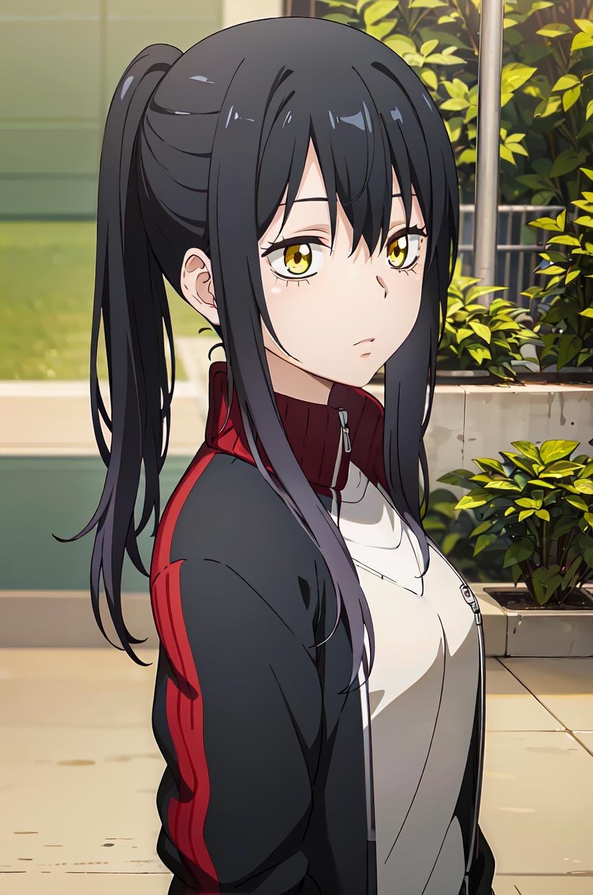 (extremely detailed CG unity 8k wallpaper), (masterpiece), (best quality), (ultra-detailed), (best illustration), (best shadow), (absurdres), 1girl, solo,  <lora:miko-09:0.7>,miko, 1girl, solo, track jacket, black hair, jacket, yellow eyes, ponytail, side ponytail, long hair, upper body