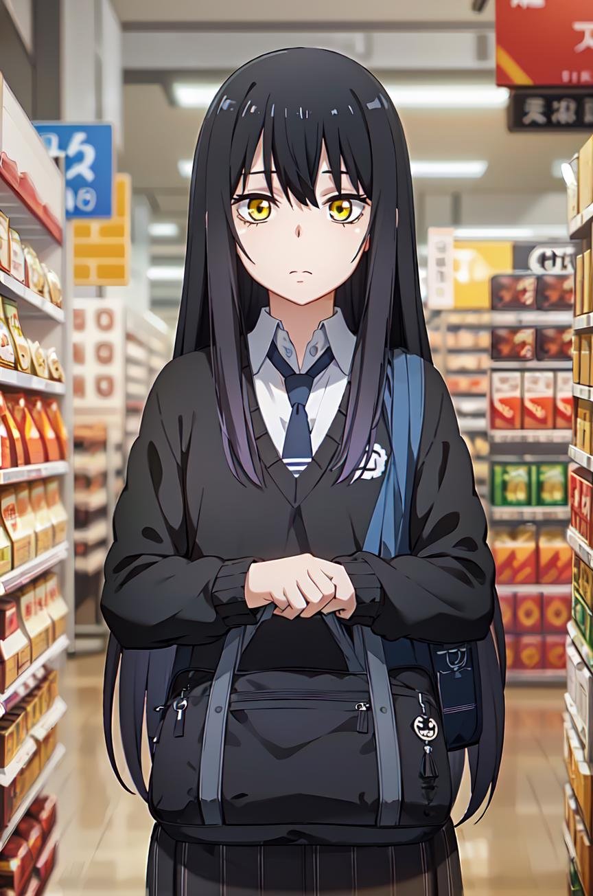 (extremely detailed CG unity 8k wallpaper), (masterpiece), (best quality), (ultra-detailed), (best illustration), (best shadow), (absurdres), 1girl, solo,  <lora:miko-09:0.7>,miko, 1girl, solo, long hair, yellow eyes, bag, school uniform, black hair, school bag, necktie, sweater, looking at viewer, multicolored hair, supermarket 